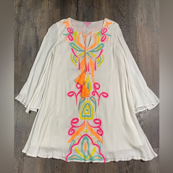 Lilly Pulitzer Dresses & Skirts - LILLY PULITZER  Ellie Tunic Dress Resort White Neon Embroidery Tassels B…